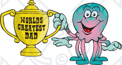 Royalty-free (RF) Clipart Illustration of an Octopus Character Holding A Golden Worlds Greatest Dad Trophy