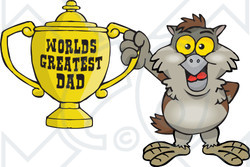 Royalty-free (RF) Clipart Illustration of an Owl Character Holding A Golden Worlds Greatest Dad Trophy