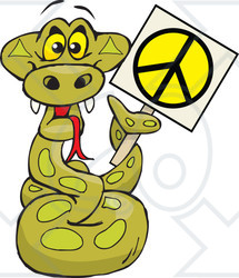 Royalty-free (RF) Clipart Illustration of a Peaceful Python Snake Character Holding A Peace Sign With His Tail