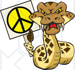 Royalty-free (RF) Clipart Illustration of a Peaceful Rattlesnake Character Holding A Peace Sign With His Tail