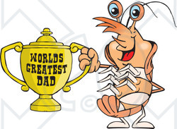 Royalty-free (RF) Clipart Illustration of a Prawn Character Holding A Golden Worlds Greatest Dad Trophy