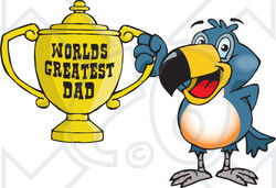Royalty-free (RF) Clipart Illustration of a Toucan Bird Character Holding A Golden Worlds Greatest Dad Trophy