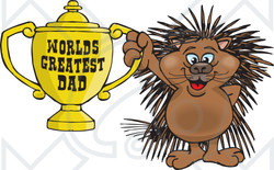 Royalty-free (RF) Clipart Illustration of a Porcupine Character Holding A Golden Worlds Greatest Dad Trophy