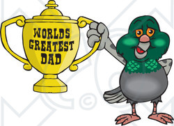 Royalty-free (RF) Clipart Illustration of a Pigeon Bird Character Holding A Golden Worlds Greatest Dad Trophy