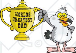 Royalty-free (RF) Clipart Illustration of a Seagull Character Holding A Golden Worlds Greatest Dad Trophy