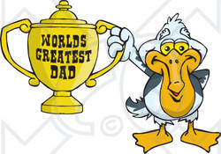 Royalty-free (RF) Clipart Illustration of a Pelican Bird Character Holding A Golden Worlds Greatest Dad Trophy