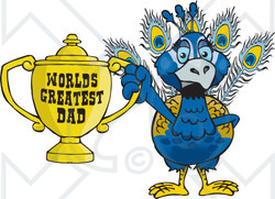 Royalty-free (RF) Clipart Illustration of a Peacock Bird Character Holding A Golden Worlds Greatest Dad Trophy