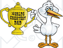 Royalty-free (RF) Clipart Illustration of a Stork Bird Character Holding A Golden Worlds Greatest Dad Trophy