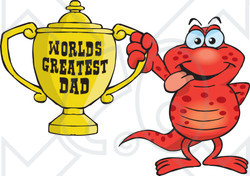 Royalty-free (RF) Clipart Illustration of a Red Salamander Character Holding A Golden Worlds Greatest Dad Trophy