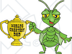 Royalty-free (RF) Clipart Illustration of a Praying Mantis Character Holding A Golden Worlds Greatest Dad Trophy