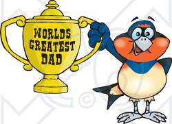 Royalty-free (RF) Clipart Illustration of a Swallow Bird Character Holding A Golden Worlds Greatest Dad Trophy