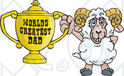 Royalty-free (RF) Clipart Illustration of a Ram Character Holding A Golden Worlds Greatest Dad Trophy