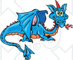 Royalty-Free (RF) Clipart Illustration of a Blue and Orange Dragon With a Red Horn