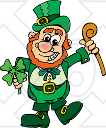 Royalty-Free (RF) Clipart Illustration of a St Patricks Day Leprechaun Holding A Clover And Cane