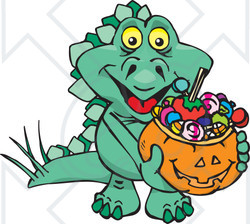 Royalty-Free (RF) Clipart Illustration of a Trick Or Treating Stegosaur Holding A Pumpkin Basket Full Of Halloween Candy