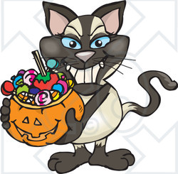 Royalty-Free (RF) Clipart Illustration of a Trick Or Treating Siamese Cat Holding A Pumpkin Basket Full Of Halloween Candy