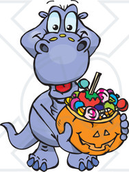 Royalty-Free (RF) Clipart Illustration of a Trick Or Treating Dino Holding A Pumpkin Basket Full Of Halloween Candy