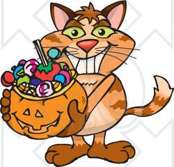 Royalty-Free (RF) Clipart Illustration of a Trick Or Treating Ginger Cat Holding A Pumpkin Basket Full Of Halloween Candy