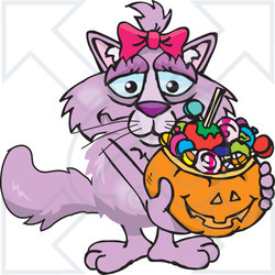 Royalty-Free (RF) Clipart Illustration of a Trick Or Treating Pink Cat Holding A Pumpkin Basket Full Of Halloween Candy