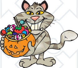 Royalty-Free (RF) Clipart Illustration of a Trick Or Treating Cat Holding A Pumpkin Basket Full Of Halloween Candy