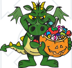 Royalty-Free (RF) Clipart Illustration of a Trick Or Treating Green Dragon Holding A Pumpkin Basket Full Of Halloween Candy