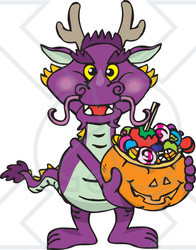 Royalty-Free (RF) Clipart Illustration of a Trick Or Treating Purple Dragon Holding A Pumpkin Basket Full Of Halloween Candy
