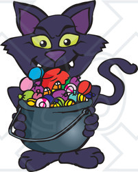 Royalty-Free (RF) Clipart Illustration of a Trick Or Treating Black Cat Holding A Cauldron Full Of Halloween Candy