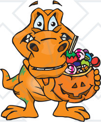 Royalty-Free (RF) Clipart Illustration of a Trick Or Treating T Rex Holding A Pumpkin Basket Full Of Halloween Candy
