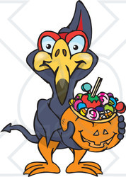 Royalty-Free (RF) Clipart Illustration of a Trick Or Treating Terradactyl Holding A Pumpkin Basket Full Of Halloween Candy