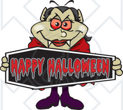 Royalty-Free (RF) Clipart Illustration of a Vampiress Holding A Happy Halloween Coffin Sign