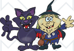 Royalty-Free (RF) Clipart Illustration of a Black Cat And Witch Gesturing Peace Signs