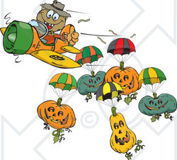 Royalty-Free (RF) Clipart Illustration of a Scarecrow With Parachuting Pumpkins
