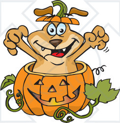 Royalty-Free (RF) Clipart Illustration of a Sparkey Dog Popping Out Of A Halloween Pumpkin