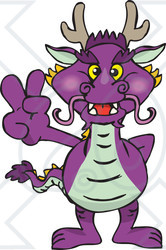 Royalty-Free (RF) Clipart Illustration of a Peaceful Horned Dragon Gesturing A Peace Sign
