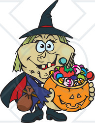 Royalty-Free (RF) Clipart Illustration of a Trick Or Treating Witch Holding A Pumpkin Basket Full Of Halloween Candy