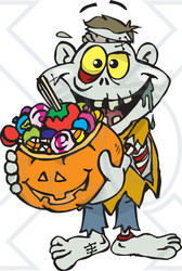 Royalty-Free (RF) Clipart Illustration of a Trick Or Treating Zombie Holding A Pumpkin Basket Full Of Halloween Candy