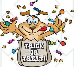 Royalty-Free (RF) Clipart Illustration of a Sparkey Dog Tossing Halloween Candy Out Of A Trick Or Trick Bag