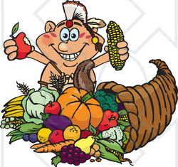 Royalty-Free (RF) Clipart Illustration of a Thanksgiving Native American Man Holding Corn And An Apple Over A Horn Of Plenty