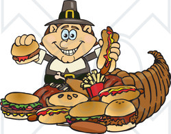 Royalty-Free (RF) Clipart Illustration of a Thanksgiving Pilgrim Man With Fast Food Spilling Form A Cornucopia