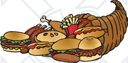 Royalty-Free (RF) Clipart Illustration of a Horn Of Plenty With Meats, Burgers, Fries And Hot Dogs