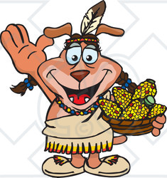 Royalty-Free (RF) Clipart Illustration of a Thanksgiving Native American Sparkey Dog Holding A Bowl Of Corn