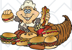 Royalty-Free (RF) Clipart Illustration of a Thanksgiving Pilgrim Woman With Fast Food Spilling Form A Cornucopia