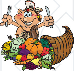 Royalty-Free (RF) Clipart Illustration of a Thanksgiving Native American Man With Silverware, Standing Over A Cornucopia