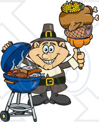 Royalty-Free (RF) Clipart Illustration of a Male Pilgrim Holding Corn, Chicken, Ham And A Pumpkin On A Fork By A BBQ