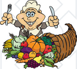 Royalty-Free (RF) Clipart Illustration of a Thanksgiving Pilgrim Woman With Silverware, Standing Over A Cornucopia