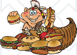 Royalty-Free (RF) Clipart Illustration of a Thanksgiving Native American Man With Fast Food Spilling Form A Cornucopia