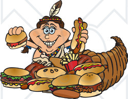 Royalty-Free (RF) Clipart Illustration of a Thanksgiving Native American Woman With Fast Food Spilling Form A Cornucopia