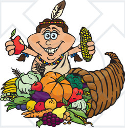 Royalty-Free (RF) Clipart Illustration of a Thanksgiving Native American Woman Holding Corn And An Apple Over A Horn Of Plenty