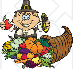 Royalty-Free (RF) Clipart Illustration of a Thanksgiving Pilgrim Man Holding Corn And An Apple Over A Horn Of Plenty