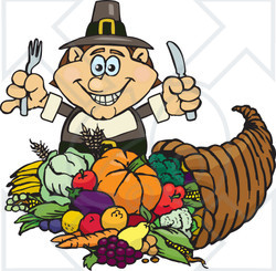 Royalty-Free (RF) Clipart Illustration of a Thanksgiving Pilgrim Man With Silverware, Standing Over A Cornucopia